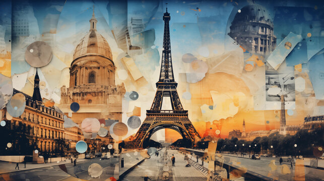 An illustrative collage of the iconic Eiffel Tower and the sights of Paris with colours of the French flag