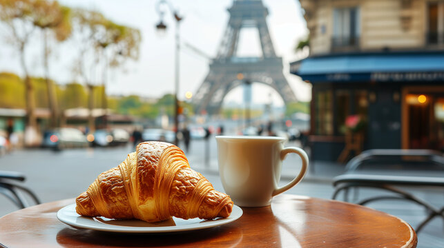 Paris: Delicious Croissant and Coffee on Table with the Eiffel Tower in the Background - Perfect Morning Breakfast in Paris, France