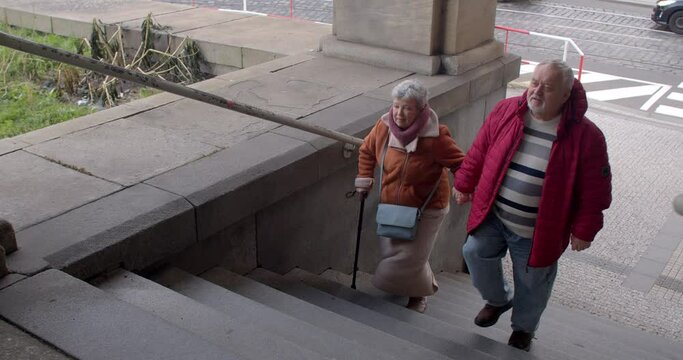 An elderly couple strolling with the support of a cane. Issues such as joint stiffness, muscle weakness, or balance concerns associated with aging. Overall mobility and independence of seniors.