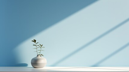 Green plant in a white vase against a light blue wall with shadows.