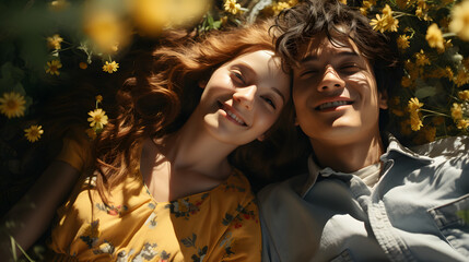 Top view happy and loving teenage couple lying on the grass with their heads together. Spring background