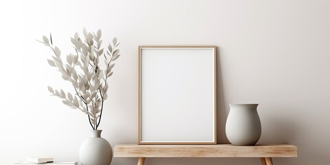 Minimalist template for home decor featuring a stylish living room with a mock-up poster frame, wooden commode, book, eucalyptus leaf in a ceramic vase, and elegant personal accessories.