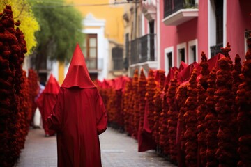 Holy Week , group of penitents holding a cross dresses  with vivid colors
