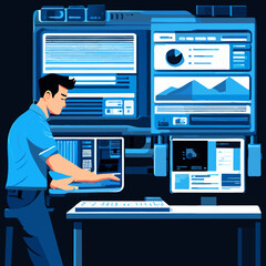 Tech Analyst at Work: Futuristic Data Dashboard Illustration