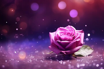 Valentines Day. Pink petals, rose, gift on dark purple bokeh background.