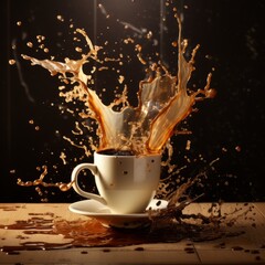 coffee cup with coffee splash on dark background. Explosive taste concept