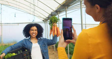 Behind the scenes over the shoulder shot of farmer filming social media sell veg