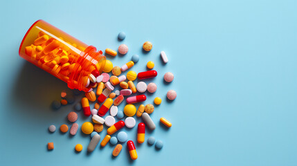 Top view shot of an orange pill bottle with colorful variety of pharmaceutical pills in different colors and shapes, medicine tablets on blue background, generative ai - Powered by Adobe
