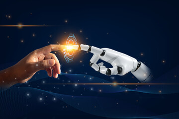 Future humans and robots, AI, metaverse communication technology, finger