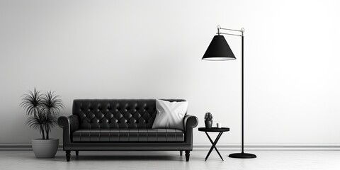 Black sofa, floor lamp, white wall backdrop, sunset light, black and white photo.