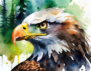 Closeup of eagle head in watercolor drawing style
