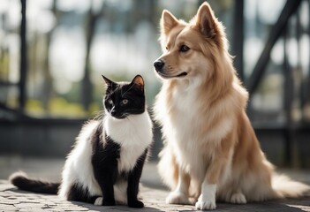 Black cat and dog isolated on white background looking at each other copy space