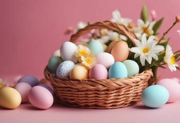 Fototapeta na wymiar Basket with colorful Easter eggs and blooming flowers on the table on pink background copy space