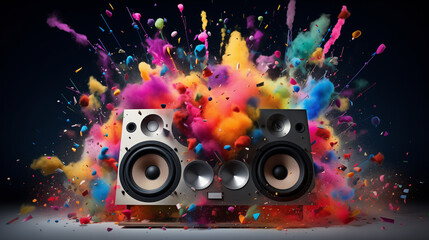 Obraz premium Dj turntable and vinyl records, Music background with speakers, Exploding party speaker, Ai generated image 