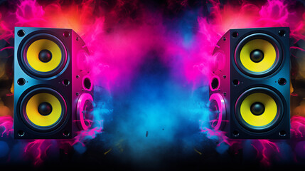 Music background with speakers, Disco party vibe Colorful speakers in the background creating excitement, Electrifying Night A Black, Pink, Blue, and Yellow Music Party, Ai generated image
