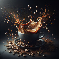 A cup brimming with coffee, splashes frozen mid-air, and coffee beans dancing on a velvety black...