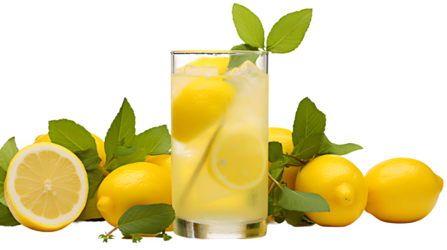 Lemonade glass, transparent background, high-resolution image, refreshing beverage, summer drink, digital illustration, drinkware design