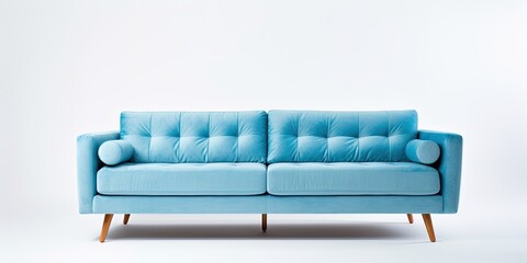 Blue fabric sofa with wooden legs on white background. Fashionable comfortable furniture. Velvet couch side view. Interior object. Furniture series.
