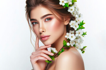 A portrait of beauty woman with nature blossom flowers in her hair on white background, copy space. ai generative