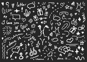 Doodle vector illustration - hand drawn sketchy love and hearts details. set of cute funny doodle vector illustration for decoration on black background with lettering. elements objects and icons