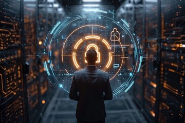 Cybersecurity expert, data center, holographic interface, glowing circular display, silhouette figure, server racks, futuristic technology, blue and orange color scheme, digital security concept, 