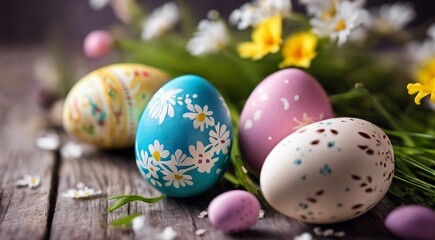easter eggs in a basket, easter eggs in a nest, easter eggs in the grass, colored easter eggs, happy easter scene