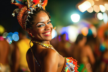 Beautiful Latin woman dancing on the streets during carnival.