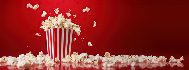 Delicious popcorn scattering from a red striped carton box on a dark red background with copy space - obrazy, fototapety, plakaty