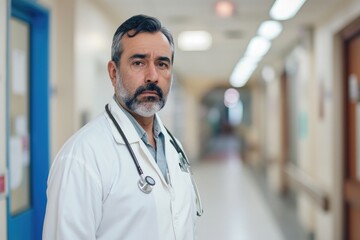 Obraz premium A bearded man in a white coat stands confidently against a wall, his shirt collar perfectly pressed, exuding intelligence and professionalism in an indoor setting