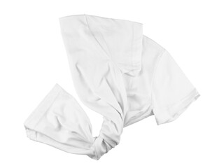 White folded t-shirt isolated on white or transparent background. Flat lay.