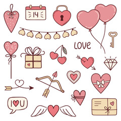 Set of Valentines day and love colorful heart shaped doodles
