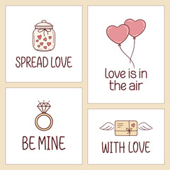 Set of Valentines day and love cards with cute doodle elements