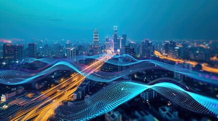A vision of a futuristic cityscape with waves of digital data flowing through, symbolizing the emergence of a new technological era.