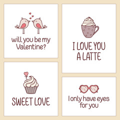 Set of Valentines day and love cards with cute doodle elements