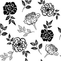 Modern hand drawn illustration with black  flowers rose seamless pattern on white background. Vector abstract illustration. Floral hand drawn design.Trendy sketch  with black  flowers roses.