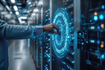 Futuristic data center, holographic interface, person's hand touching glowing blue circular display, server racks, cybersecurity visualization, high-tech environment,