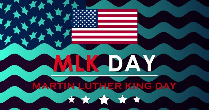 
Martin Luther King Jr Day, MLK Day celebrates civil rights in US banner in 4K. Day of Service Concept of Unity and Equality motion graphic with national flag of USA patriotic African event liberty BG