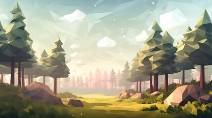 A Digital Painting of a Forest With Rocks and Trees