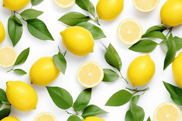 lemons on a white background, citrus slices, lemons on a twig, green leaves, lemon juice, yellow fruits