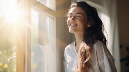 Portrait of young 25 years old girl standing near window and enjoying morning sunshine on her face, natural beauty