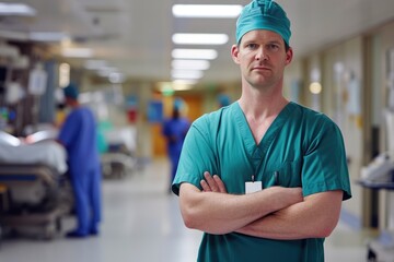A dedicated man in scrubs and hat, representing the essence of healthcare, stands confidently in a hospital hallway, his blue clothing contrasting against the white walls and ceiling as he prepares t