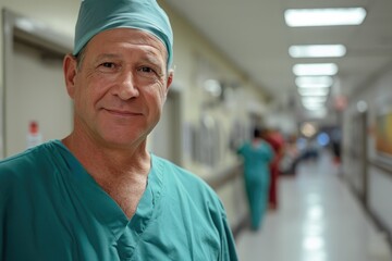 In a sterile room, a smiling man in scrubs and a hat stands against a wall, his face a symbol of compassion and expertise as he cares for others