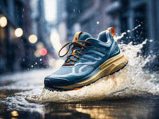 High Tech trainer shoe on a wave of water as a product advertising concept