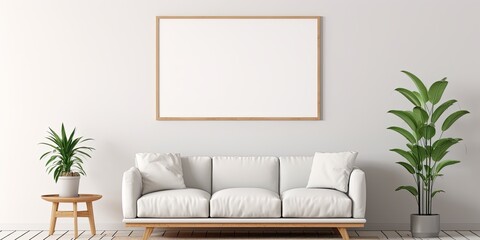 Minimalist living room with empty white wall and blank picture frame.