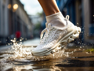 An athlete with white high tech trainer shoe running through a puddle of water with a splash - obrazy, fototapety, plakaty