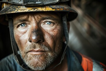 A seasoned adventurer gazes intently, his weathered face framed by a protective helmet, exuding strength and determination through the wrinkles of his well-worn clothing