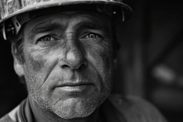 A rugged man in a monochrome portrait, his wrinkled face peeking out from under a helmet, exuding a sense of strength and resilience as he walks down the street, braving the outdoor elements with his - obrazy, fototapety, plakaty