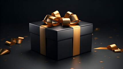 Black gift box with gold ribbon bow on black background, generative ai