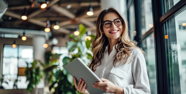 Cheerful businesswoman holding a tablet standing by a window in office.