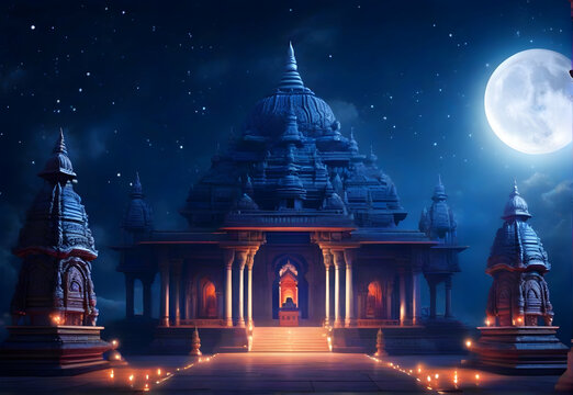 indian temple in moon light 